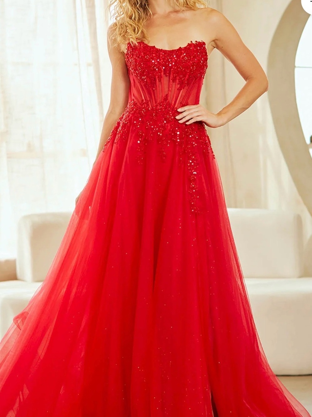 Strapless Red Tulle Evening Gown with Beaded Bodice